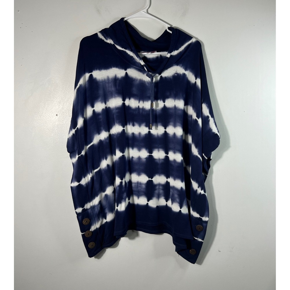 New Directions Mock Neck Tie Dye Boxy Poncho Top Navy White XL Button Detail